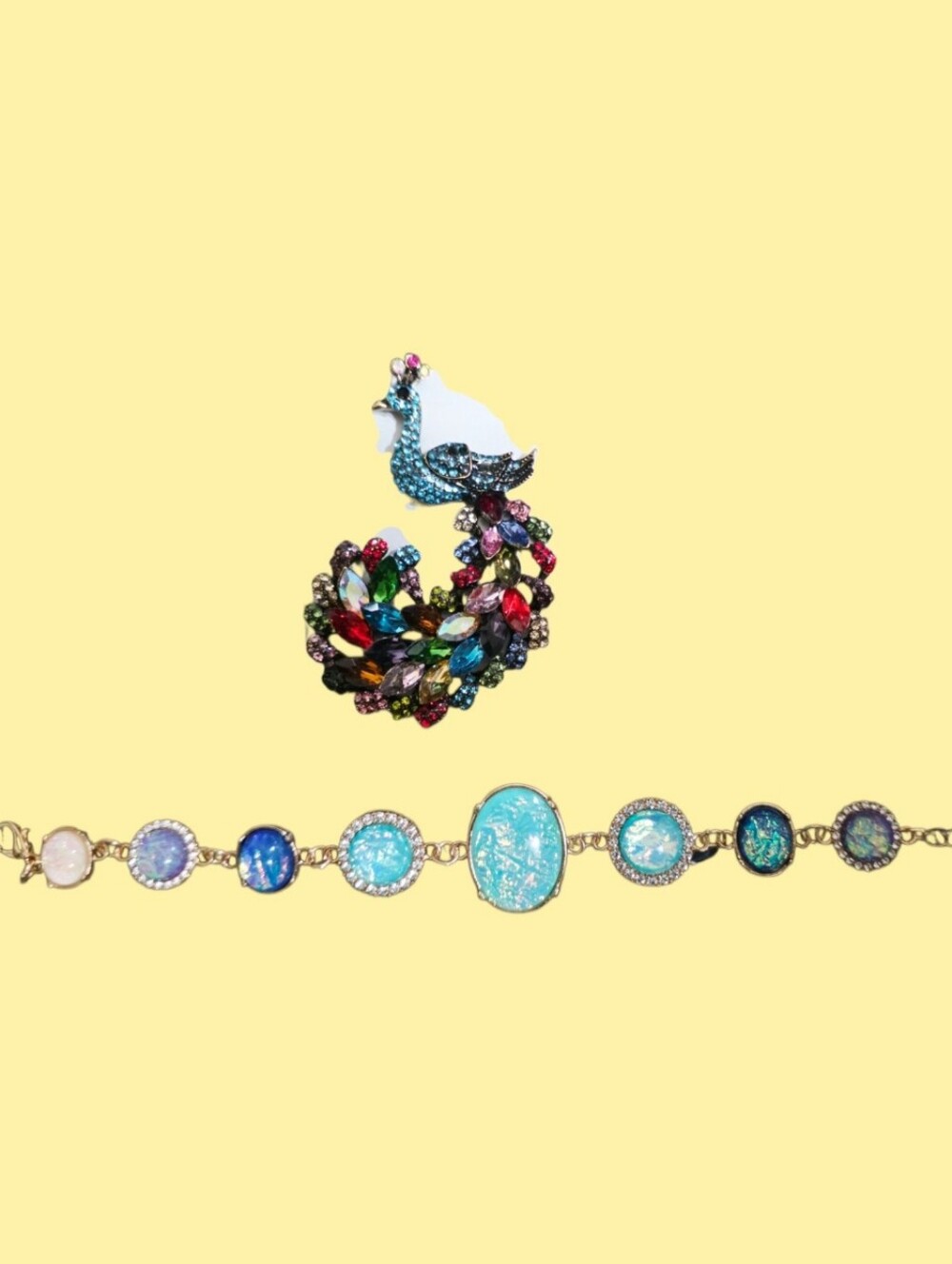 Iron Fist Multicolor Crystal Peacock Brooch with Aqua Accent Bracelet